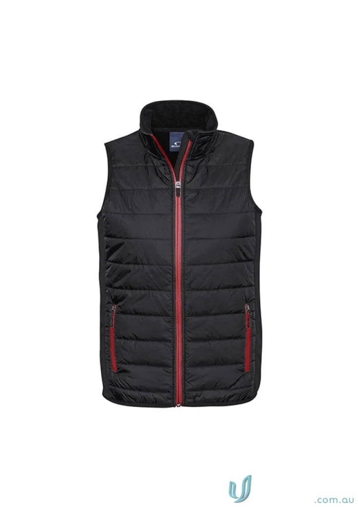 Mens stealth vest with core warm polyfil insulation and black quilted fabric with red zipper