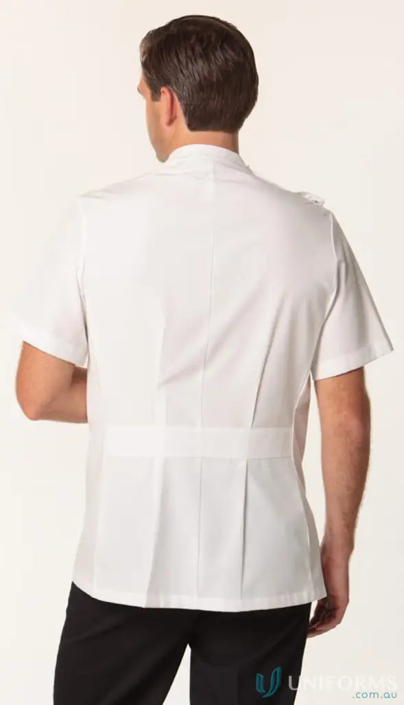 Mens short sleeve dental pharmacy jacket with a standing collar and pleated back