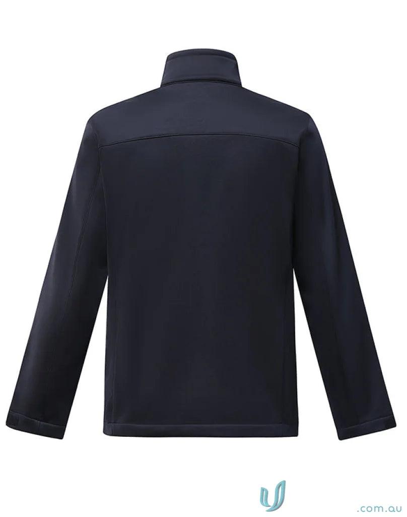Navy blue sustainable softshell jacket with zip closure, perfect for corporate looks