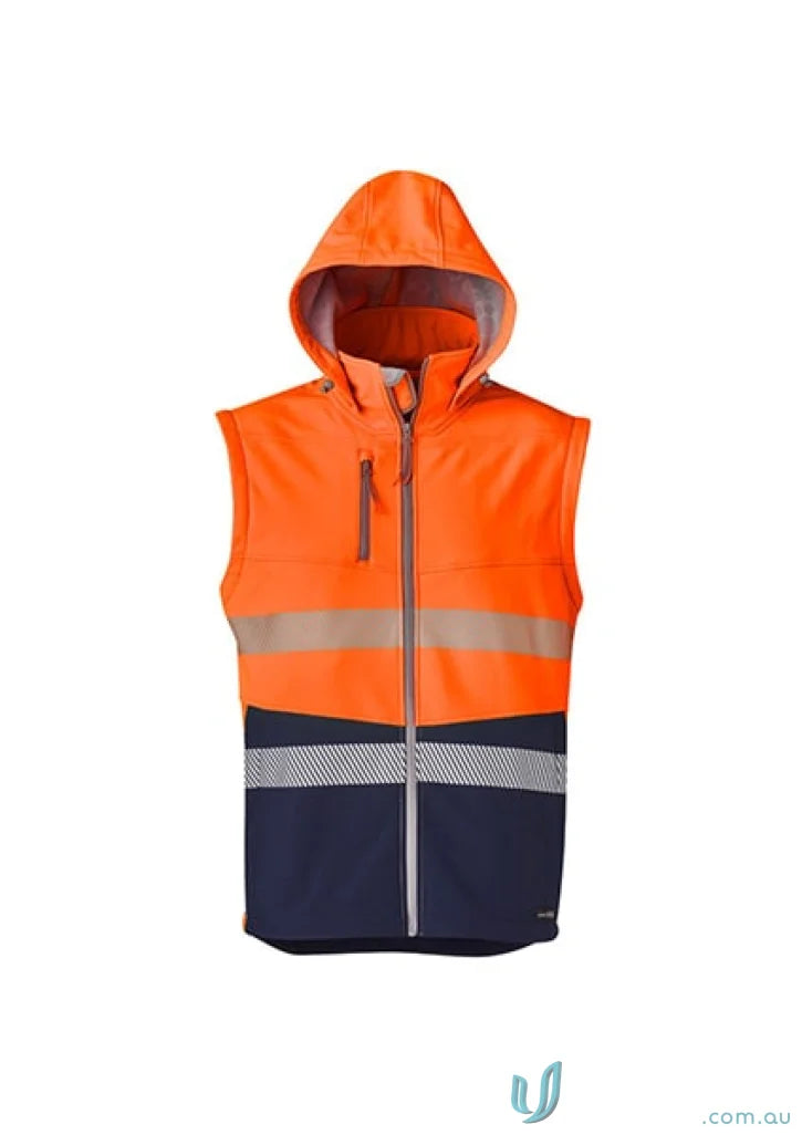 Orange and navy hooded safety vest on Syzmik Streetworx 2-in-1 stretch softshell jacket