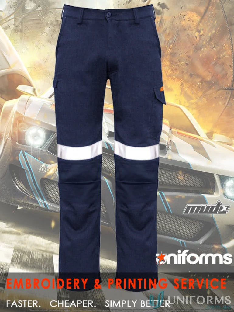 Navy work pants with reflective stripes from the Syzmic Range Mens Orange Flame Taped Cargo Pant ZP521