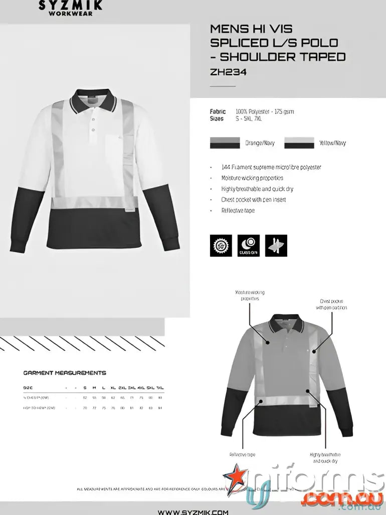 Mens high visibility vis spliced long sleeve polo shirt from Syzmic Hi Vis Spliced LS Polo