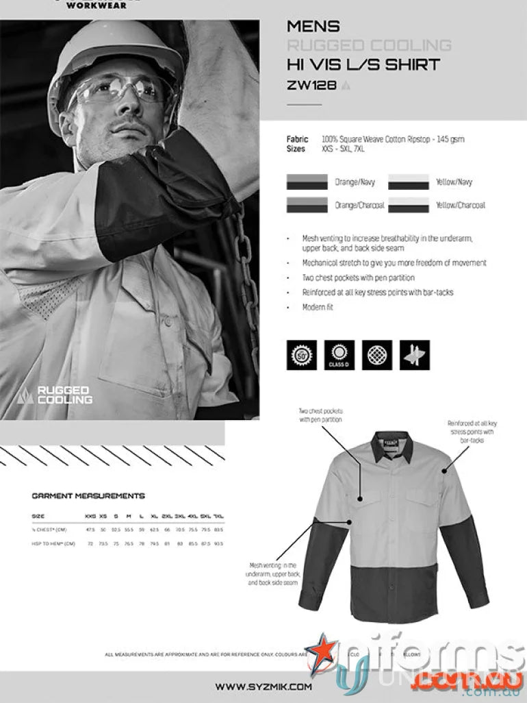 Mens rugged cooling hi-vis long-sleeve work shirt showcasing stress point reinforcement in syzmik vis shirt zw128