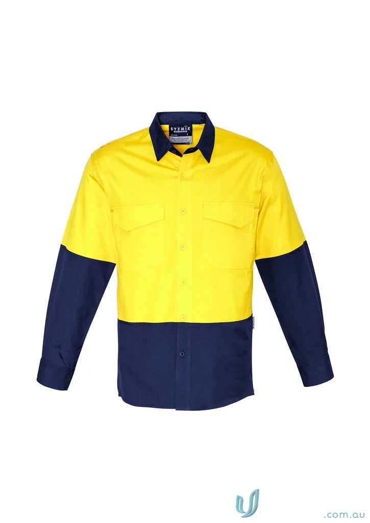 Yellow and navy blue Syzmik mens rugged cooling VIS shirt zw128 with reinforced stress points