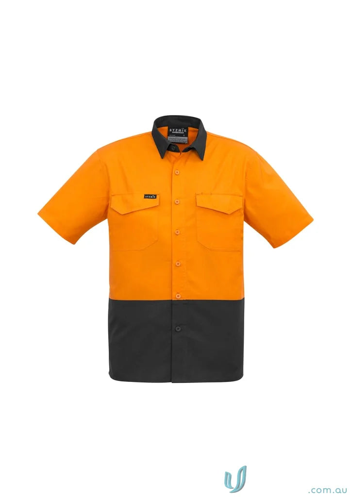 Orange and black Syzmik mens rugged vis short sleeve shirt for work or outdoor activities