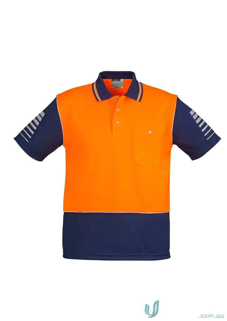 Orange and navy blue short sleeve polo with reflective piping from SYZMIC HiVis Zone SS Polo