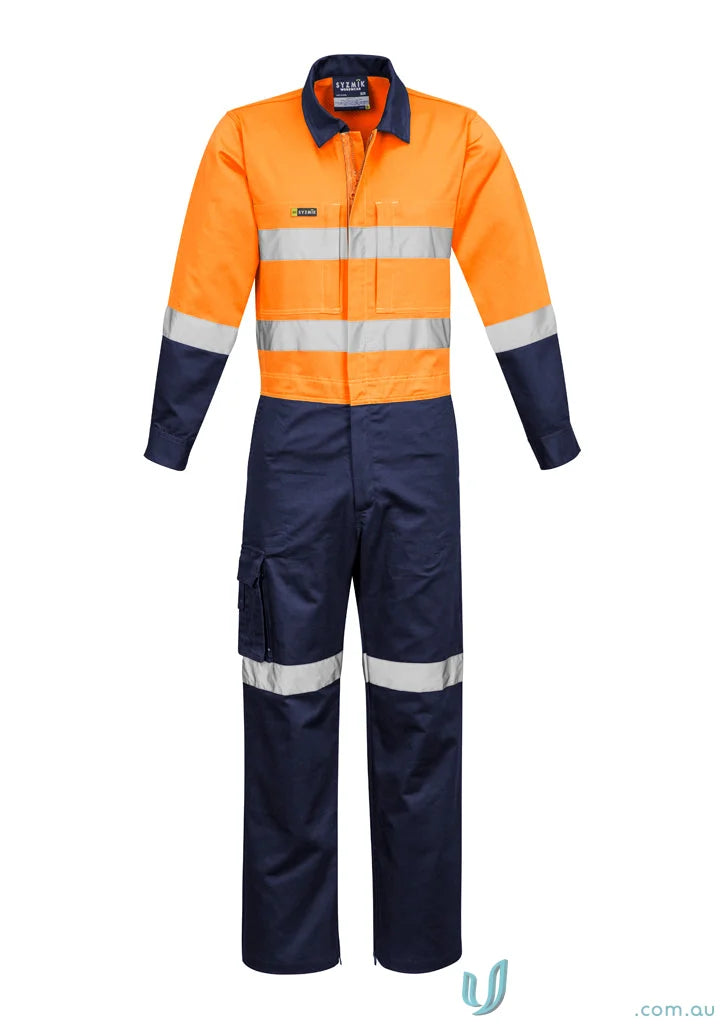 Orange and navy blue reflective coverall from Syzmic Mens Rugged Hivis Cooling collection for stay cool workwear