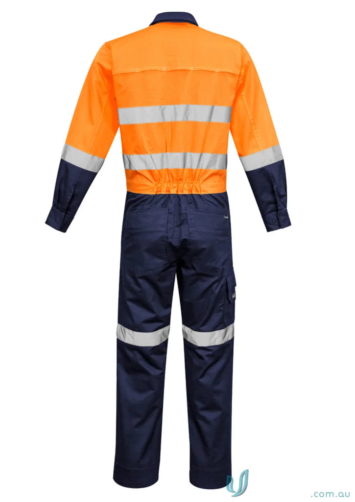Orange and navy blue reflective work jumpsuit from Syzmic Mens Rugged Hivis Cooling Overalls