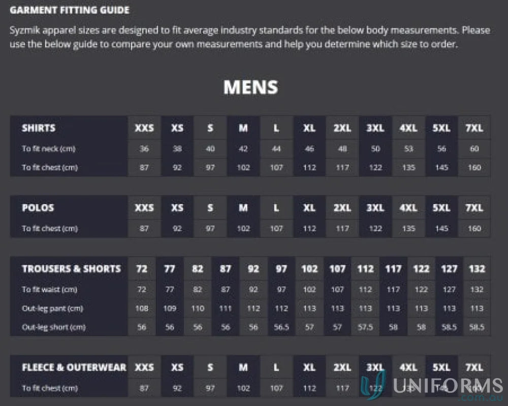 Mens garment fitting guide for Syzmic Squad Safety SS Polo and Vis Squad Short