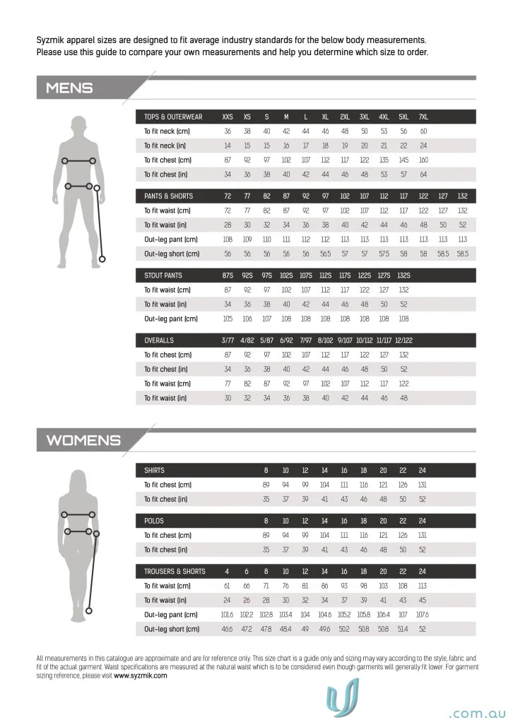 Apparel size chart for Syzmik Streetworx Tough Pants showcasing durability meets ultimate style