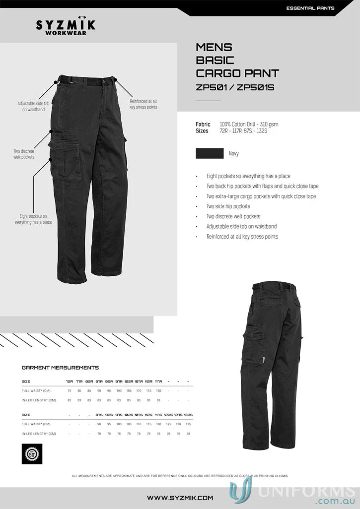 Mens basic cargo pants from Syzmik featuring cargo pants zp501 and reinforced stress points