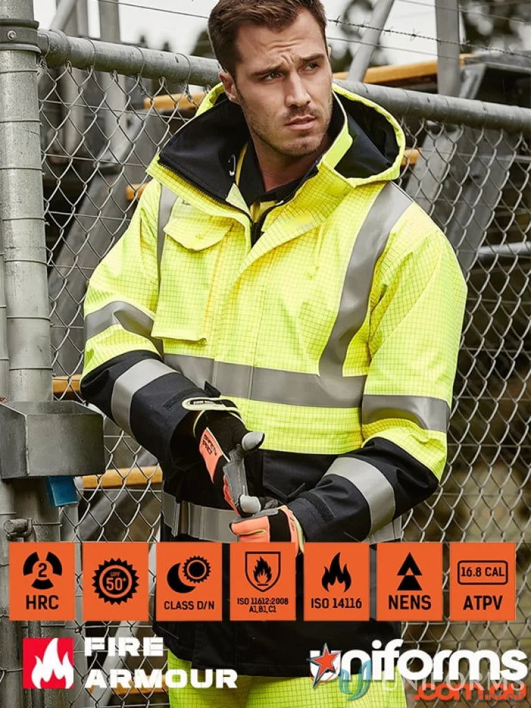 High-visibility Syzmik ZJ900 waterproof jacket for mens orange flame arc rated antistatic workwear