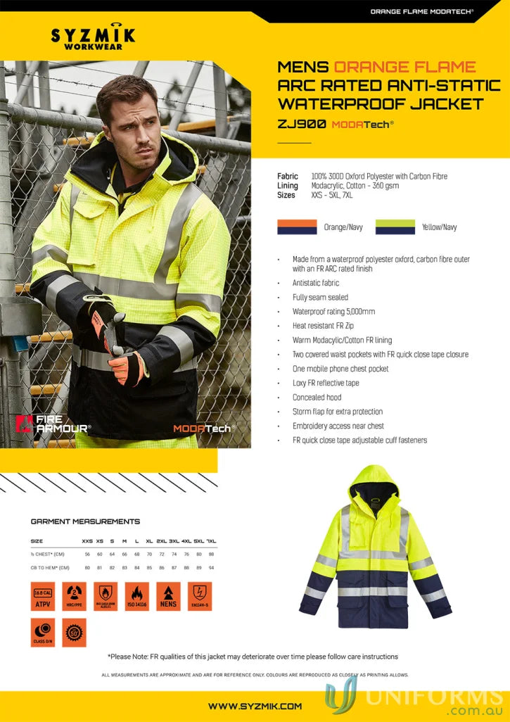 Syzmik ZJ900 waterproof jacket, mens orange flame arc rated antistatic waterproof coat