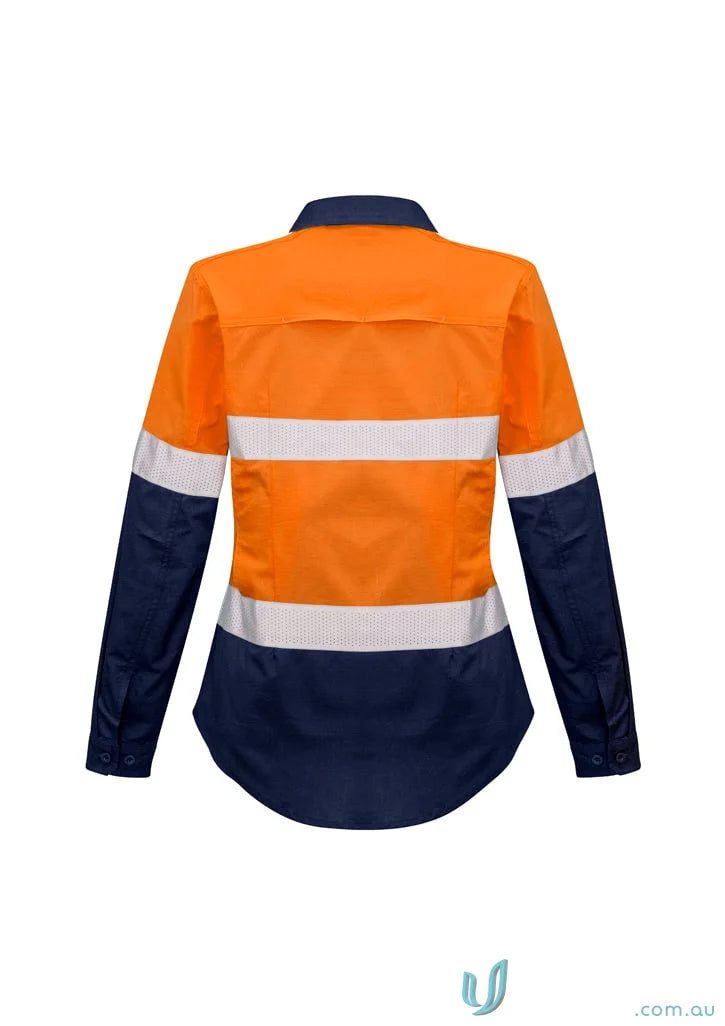 Orange and navy blue Syzmik men’s closed safety shirt with mesh vent inserts zw550