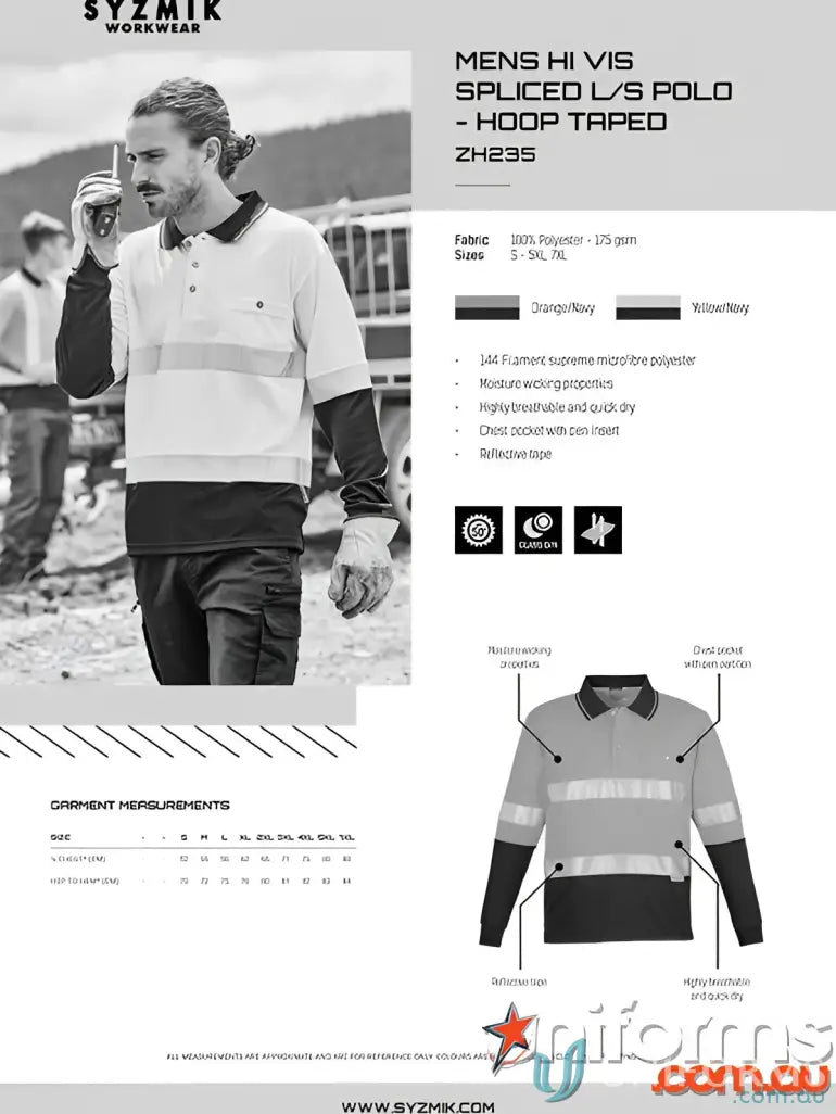 Syzmik Mens Vis Spliced Long Sleeve Hoop Taped Work Shirt for high visibility safety