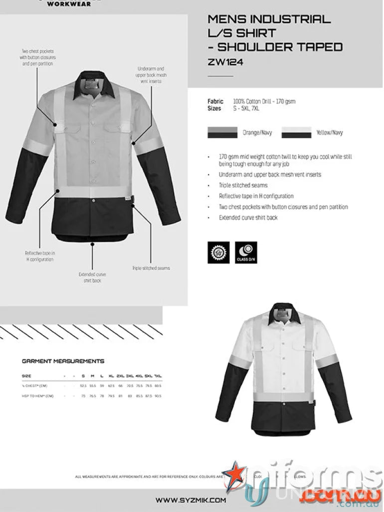 Syzmik Mens Industrial Long Sleeve Shirt with Shoulder Taped and Reflective Tape