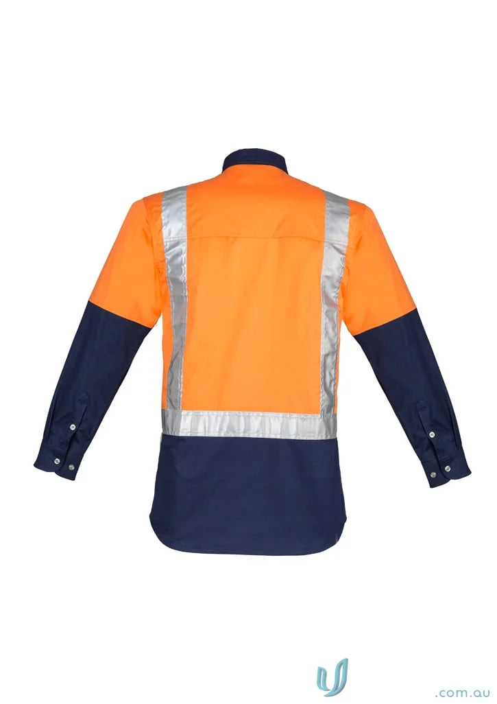 Orange and navy blue Syzmik mens industrial long sleeve shirt with reflective tape and shoulder taped zw124