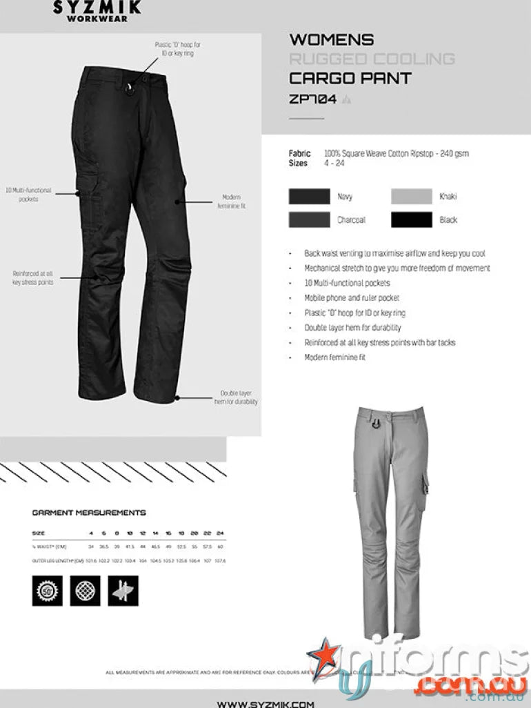 Syzmik Ladies Rugged Cooling Pant ZP704, women’s rubber cargo pants for hot days