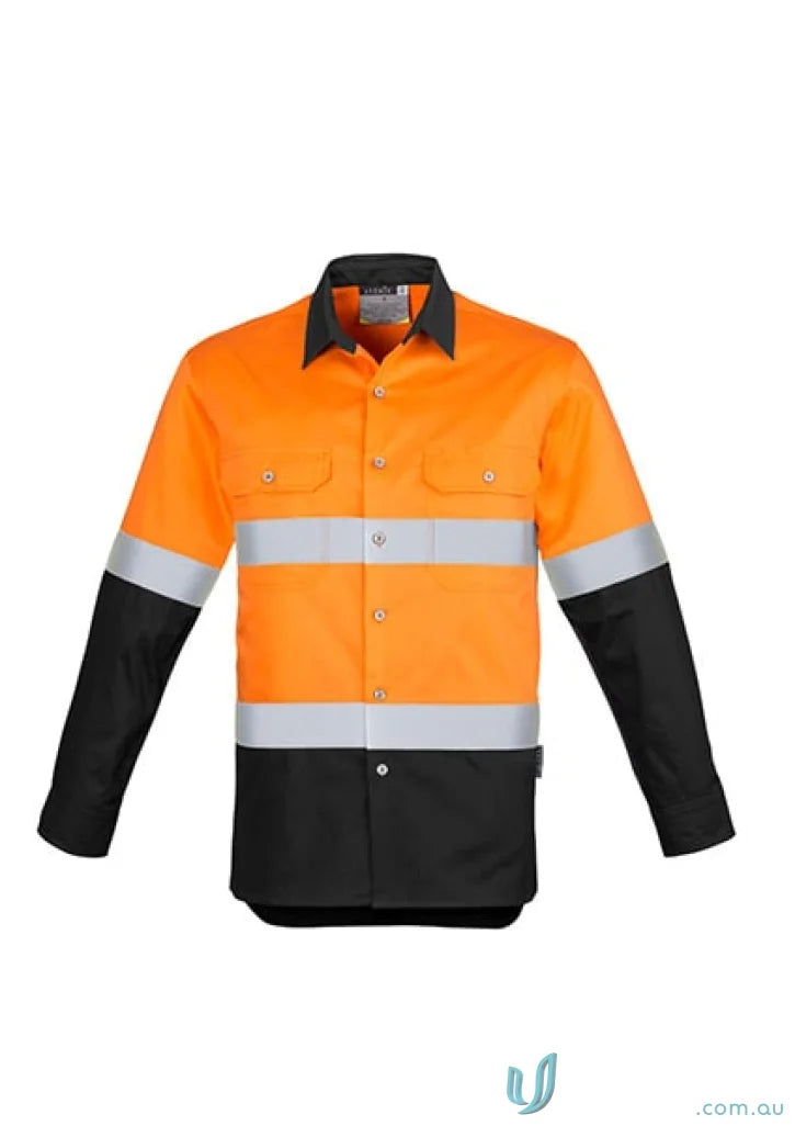 Orange and black high-visibility Syzmik mens industrial long sleeve shirt with hoop taped zw123 for demanding work environments