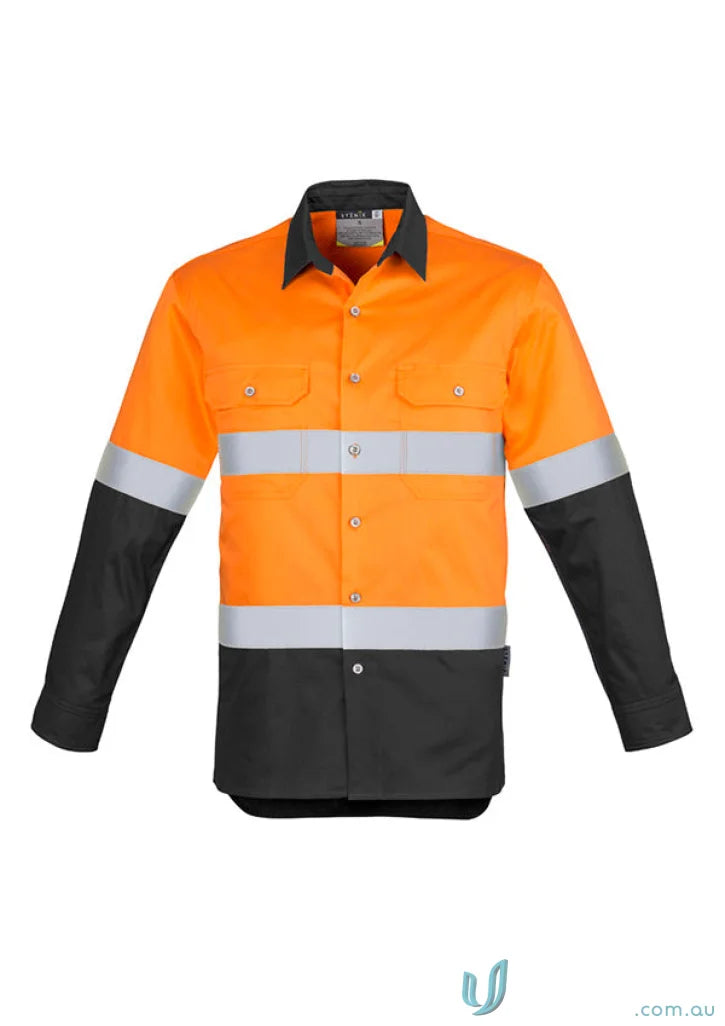 Orange and black syzmik mens industrial long sleeve shirt with hoop taped zw123 for demanding work environments