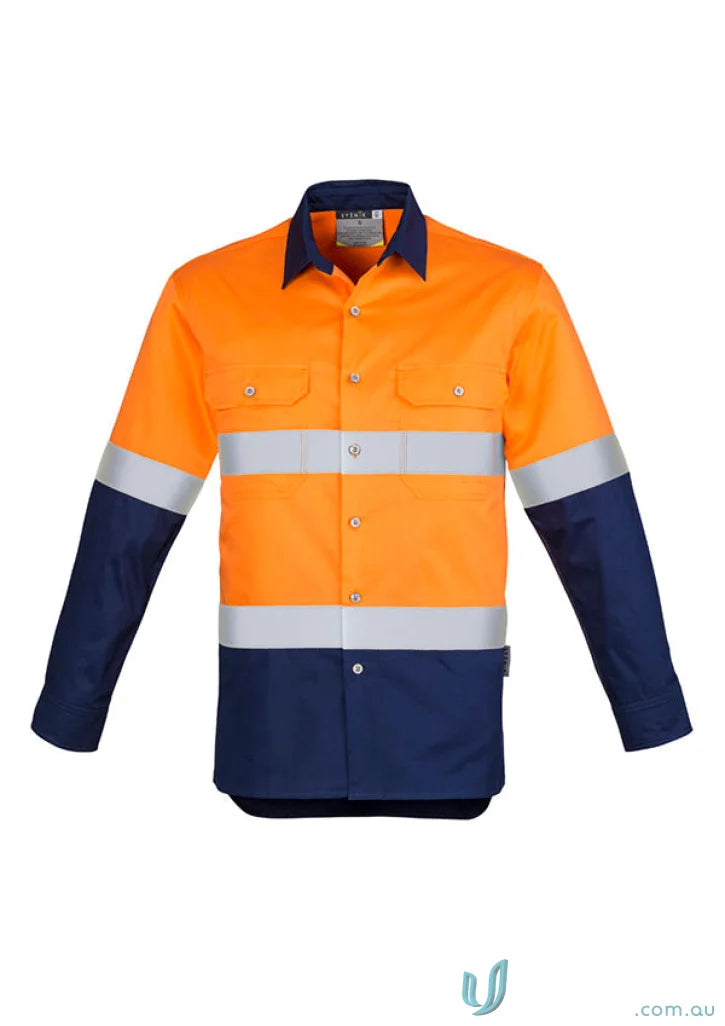Orange and navy blue high-vis Syzmik Mens Industrial Long Sleeve Shirt hoop taped zw123 for demanding work environments
