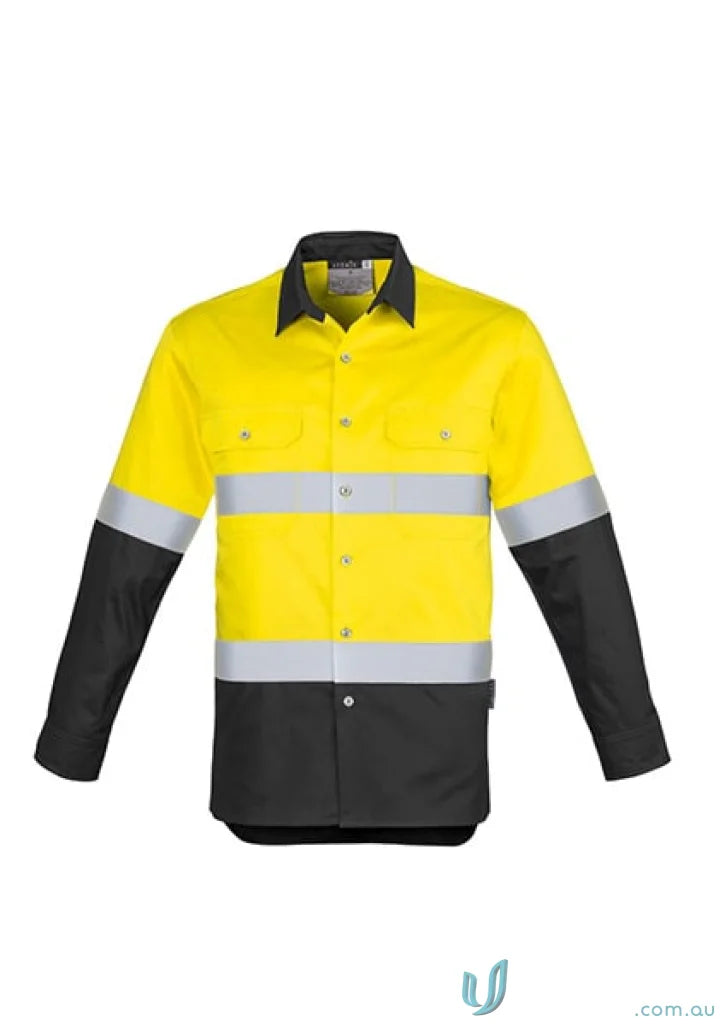 Yellow and black syzmik mens industrial long sleeve shirt with hoop taped zw123 for demanding work environments