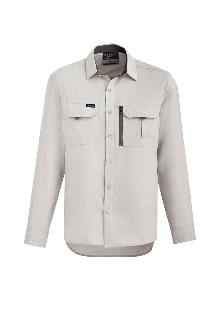 Syzmik Outdoor LS Shirt: beige mens outdoor long sleeve with pockets, zipper