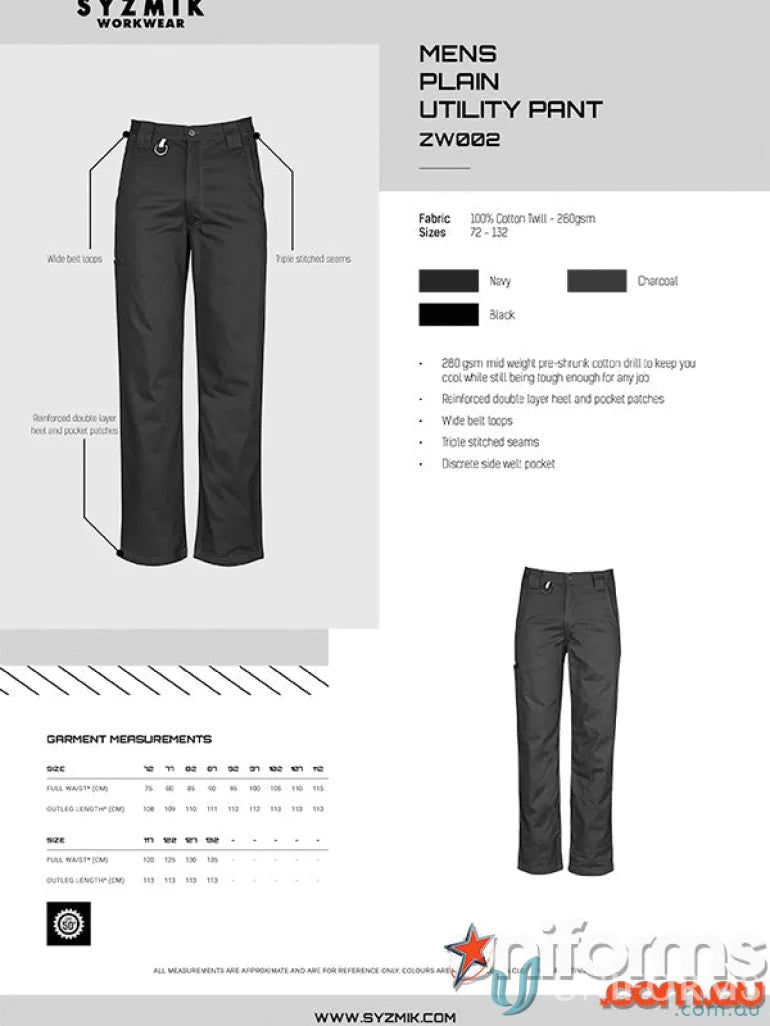 Syzmik Mens Plain Utility Pants zw002 with wide belt loops for casual style