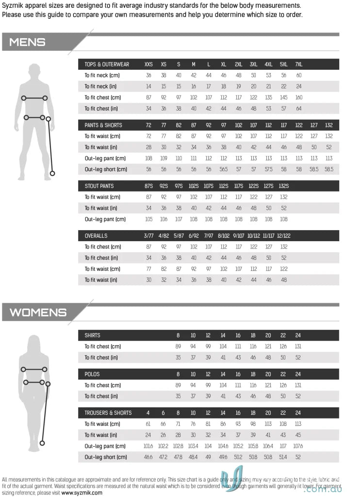 Syzmik Rugged Cooling Cargo Pant size guide for Szyzik men’s rugged stay cool pants