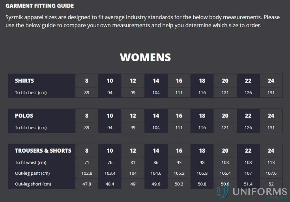 Syzmik women’s industrial shirt sizing guide with mesh vent inserts for women’s industrial style