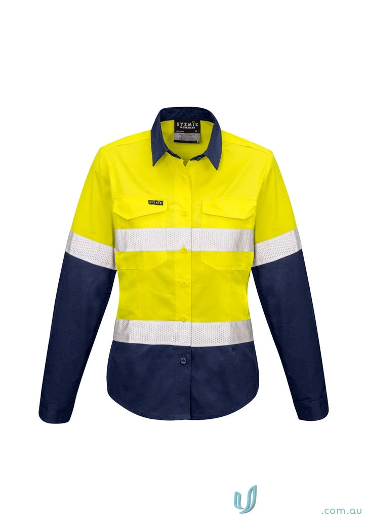 Syzmik Womens Rugged High-Vis Shirt with yellow navy blue reflective tape zw720