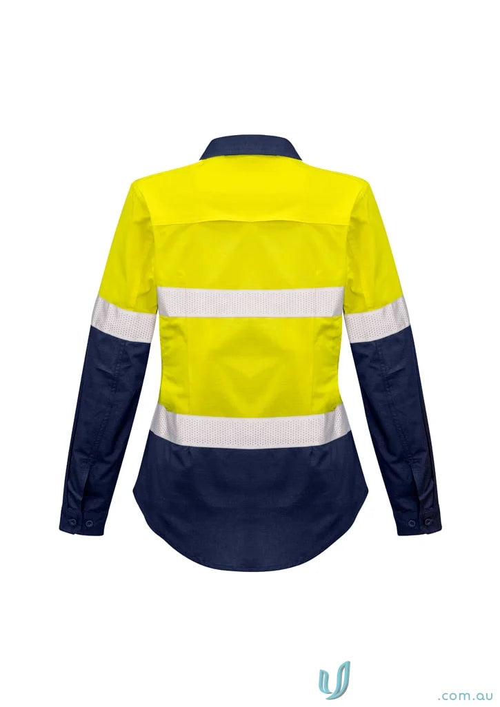 Yellow and navy blue syzmik womens rugged shirt zw720 with reflective tape for work