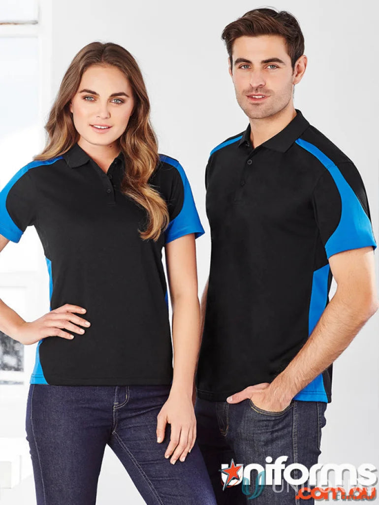Matching black and blue Talon Polo shirts from the Biz Cool Collection Talon