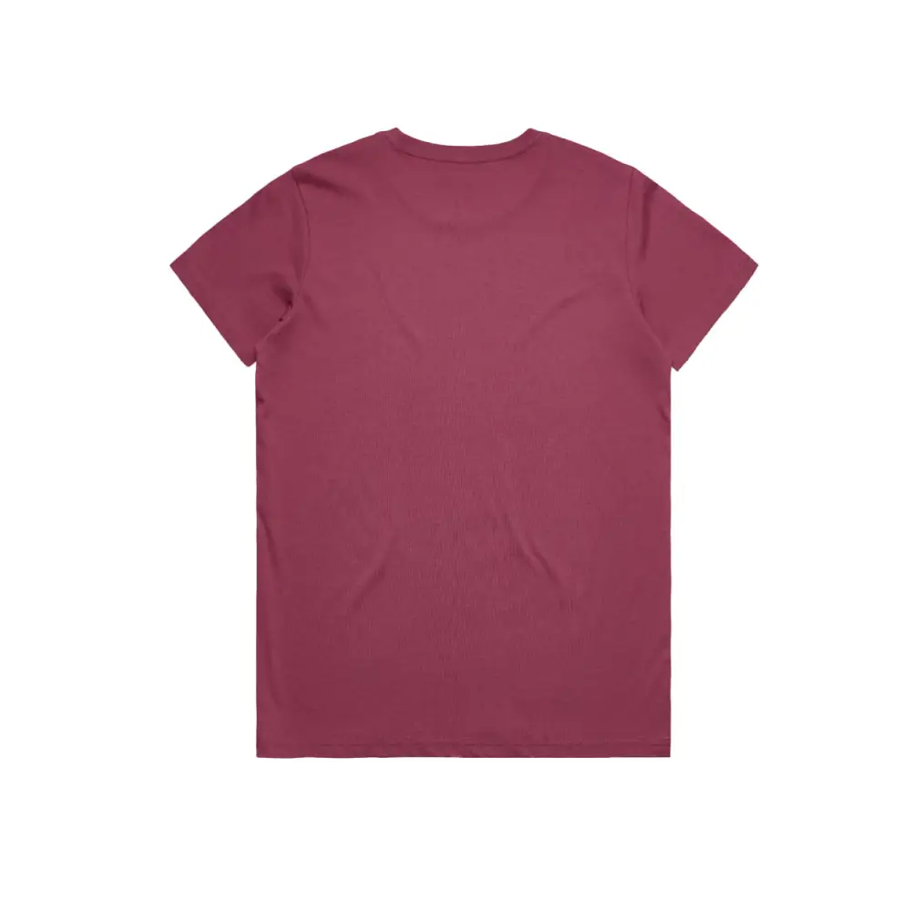Maroon t-shirt.