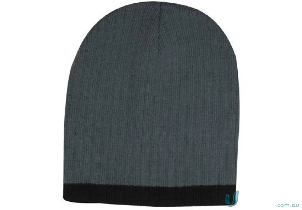 Gray knit beanie with black brim, stylish cable knit beanie for winter warmth