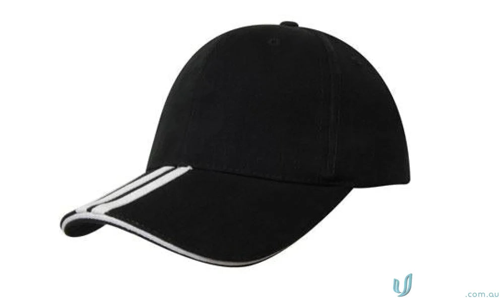 Black baseball cap with two striped peak and three white stripes on the brim