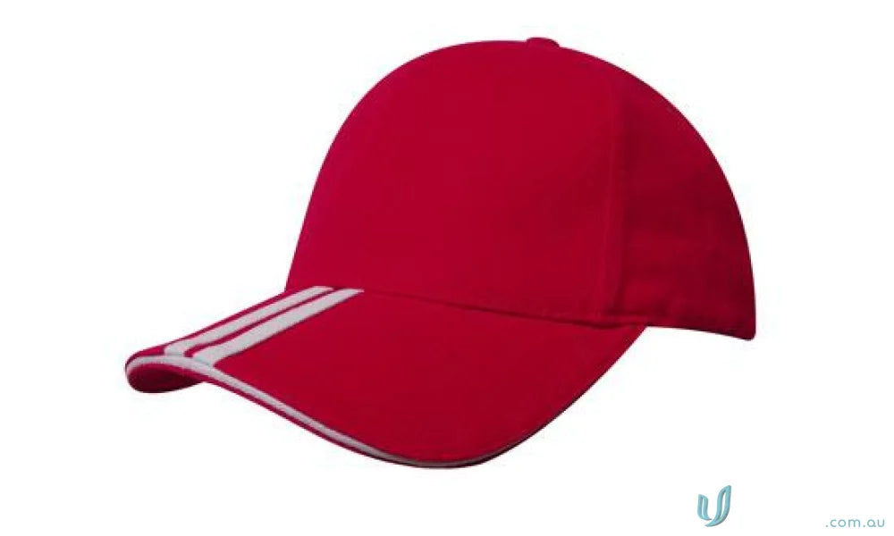 Red baseball cap with white stripes on the brim from Two Striped Peak and Sandwich Cap