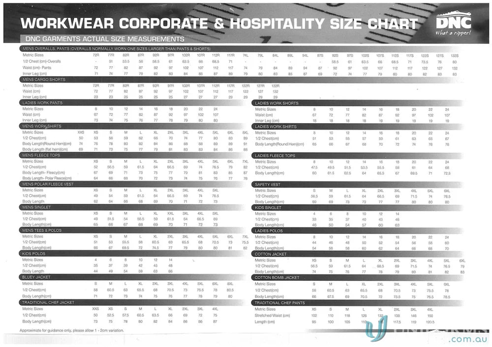 VIC Rail polar fleece workwear size chart for uniforms over at VIC Rail