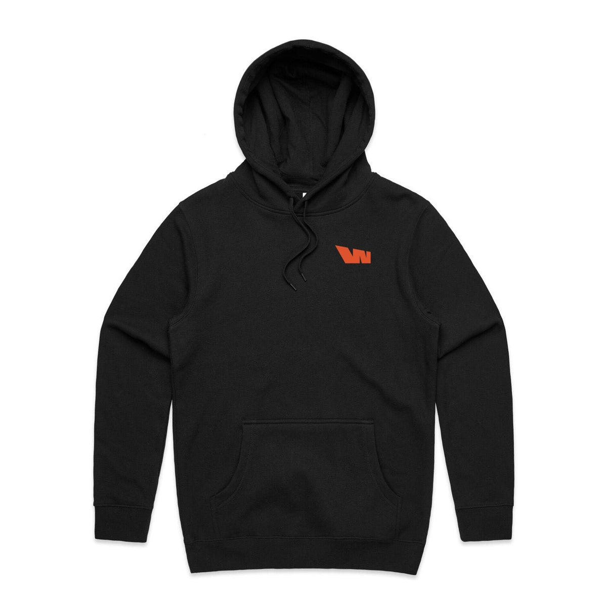 Black hooded sweatshirt with orange logo.