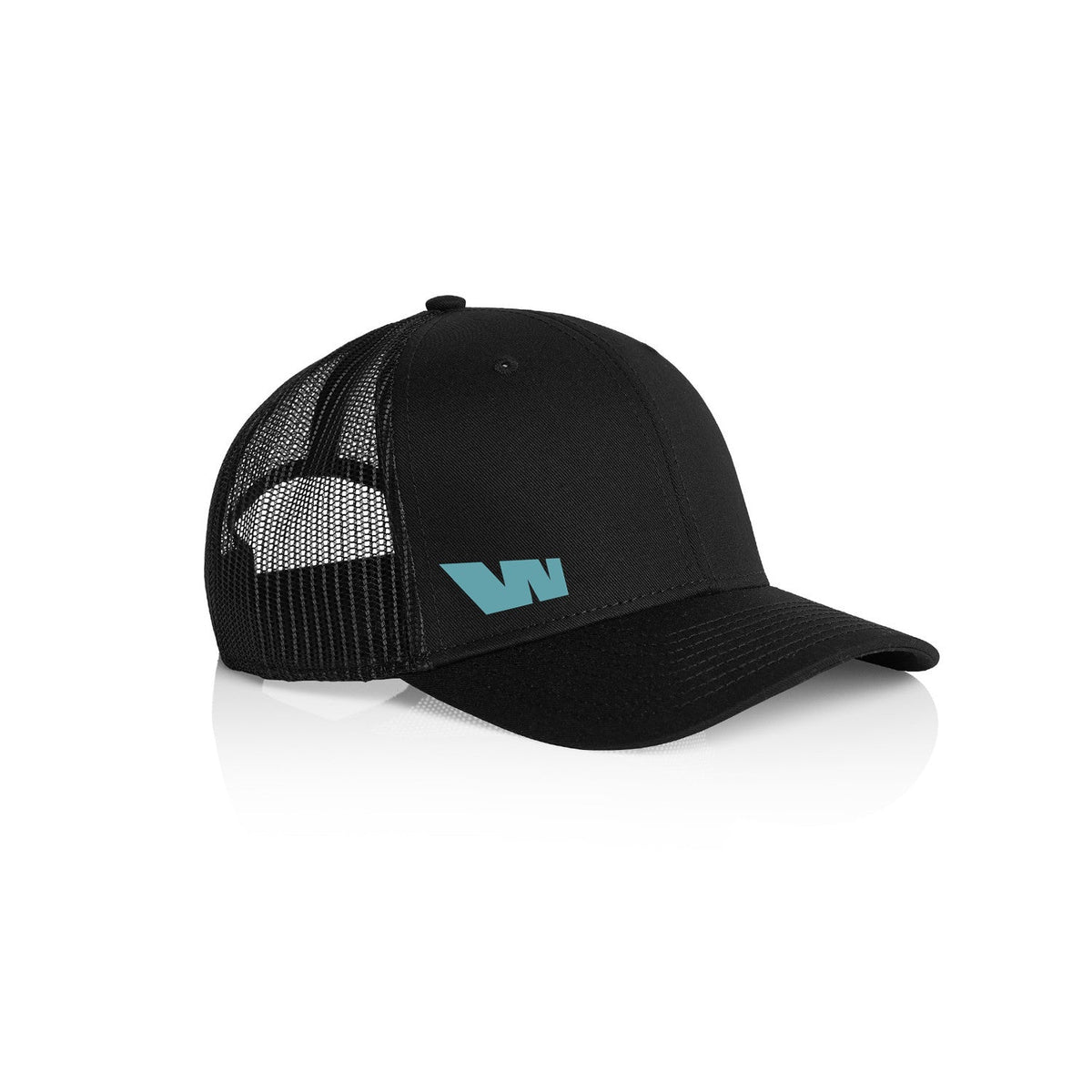 Black trucker hat with teal logo.