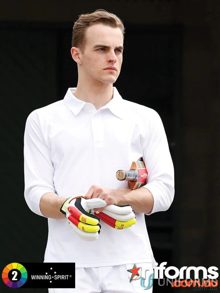Cricket player in white uniform wearing Winning Spirit 3qtr Cricket Polo made with Truedry® Cotton