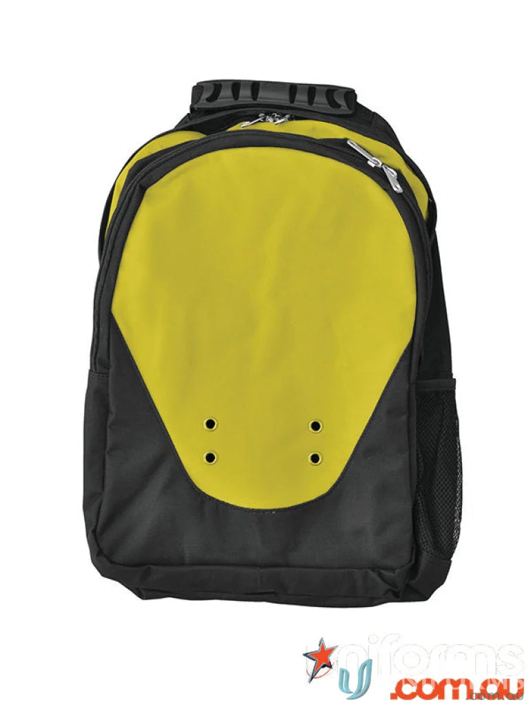 Black and yellow Winning Spirit Climber Backpack with large main compartment and ventilation holes