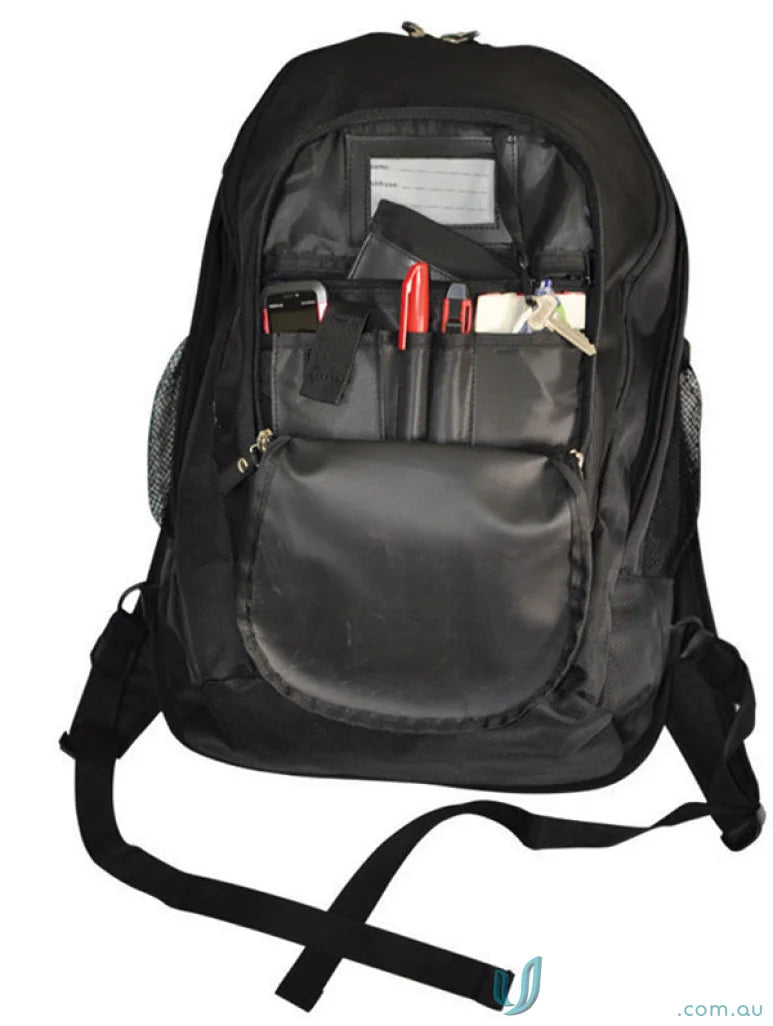 Open Winning Spirit Executive Backpack with visible contents and padded air mesh features