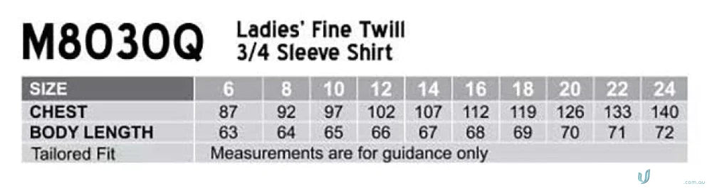 Ladies size chart for Winning Spirit Ladies Fine Twill Shirt showing fit details