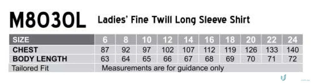 Ladies shirt size chart for Winning Spirit Ladies womens fine twill M8030L shirt