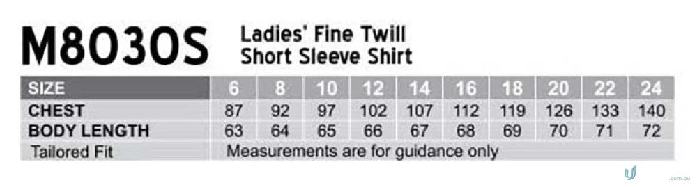 Winning Spirit Ladies ladys fine twill shirt size chart for M8030S