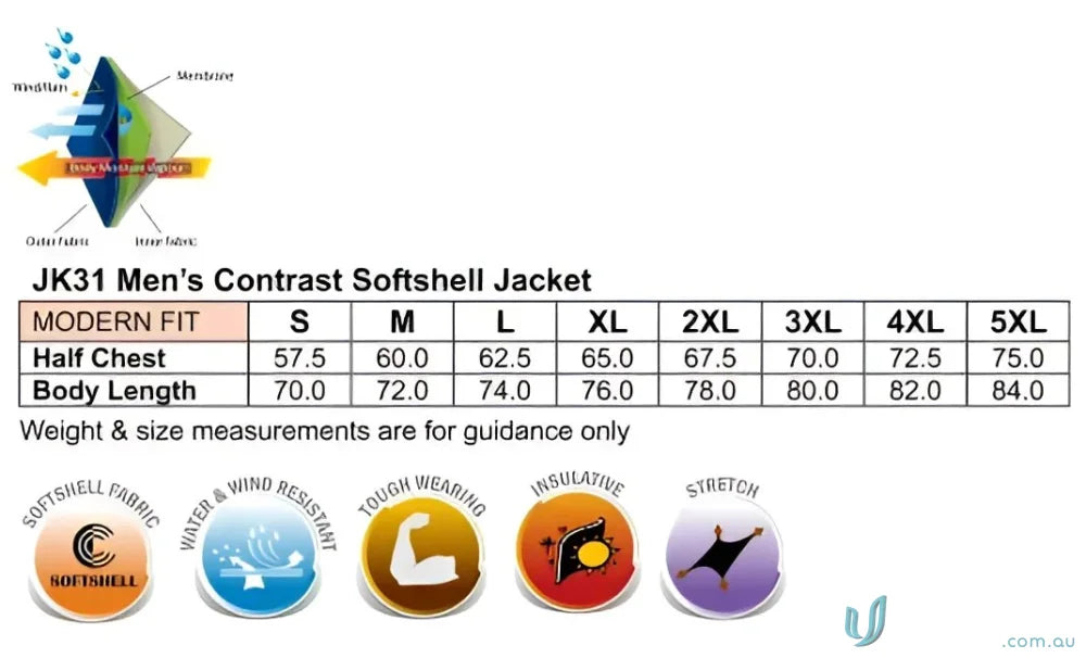 Mens softshell jacket size chart for Winning Spirit JK31 Whistler bonded softshell fabric