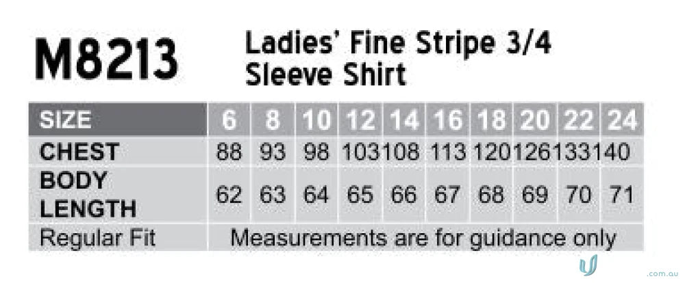 Ladies shirt size chart for Winning Spirit womens fine stripe 3Qtr shirt