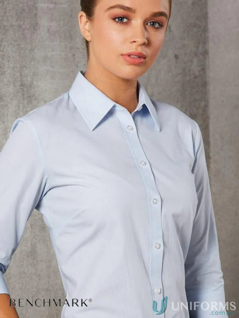 Light blue womens fine stripe 3Qtr Shirt from Winning Spirit for a casual look