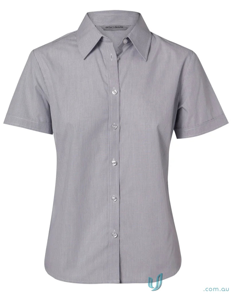 Gray striped womens fine stripe short sleeve shirt from Winning Spirit for women